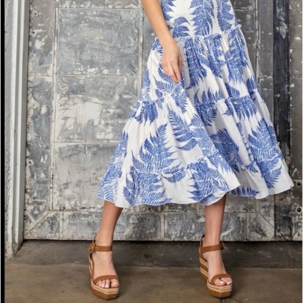 Blue Fern Print Tiered Midi Skirt or strapless dress swim cover